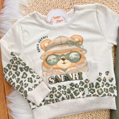 Conj. Casaco Linho com Pelúcia Ursinho Safari e Calça Legging - Areia e Verde Musgo